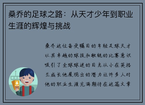 桑乔的足球之路：从天才少年到职业生涯的辉煌与挑战